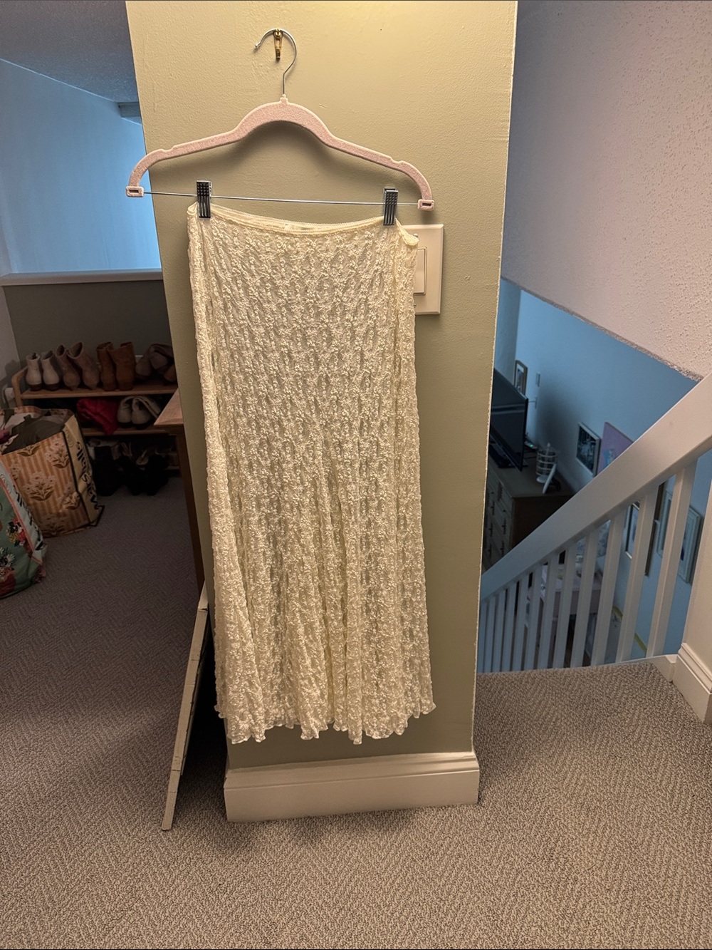 Zara Cream Textured Maxi Skirt with Lace Detail